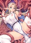  1girl amulet aqua_eyes bare_shoulders belt blonde_hair blue_gem blue_ribbon blue_shawl boots breasts commentary_request covered_nipples detached_sleeves elf elf_bishop_(kirishima_satoshi) frown gem hair_ribbon kirishima_satoshi large_breasts large_variant_set long_hair long_pointy_ears lying on_side original paid_reward_available parted_lips pointy_ears restrained ribbon scared shawl sideless_outfit sleeveless slime_(substance) solo spread_legs tentacles tentacles_under_clothes upper_body variant_set very_long_hair 