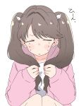  1girl =_= absurdres bloom_garden_party_jacket brown_hair closed_eyes crying feet_out_of_frame fujishima_megumi hair_ornament highres holding_own_hair hood hood_down hooded_jacket jacket kanzaki_gou knees_up long_hair long_sleeves love_live! love_live!_hasu_no_sora_jogakuin_school_idol_club love_live!_hasu_no_sora_jogakuin_school_idol_club_bloom_garden_party open_clothes open_jacket open_mouth pink_jacket shirt simple_background sitting solo tears twintails white_background white_shirt wing_hair_ornament 