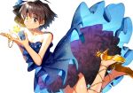  1girl alternate_costume antenna_hair artist_collaboration bare_shoulders black_hair blue_dress collarbone commentary_request dress frilled_dress frills gold_shoes grey_eyes high_heels highres idolmaster idolmaster_(classic) kamota_kamosuke kikuchi_makoto looking_to_the_side mihen parted_lips shoes short_hair sideways_glance simple_background solo strapless strapless_dress white_background 