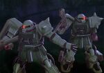  absurdres army bazooka_(gundam) cable commentary_request forest gun gundam gundam_0083 highres holding holding_gun holding_weapon jungle kichika35 machine_gun mecha mecha_focus missile_pod mobile_suit mobile_suit_gundam nature no_humans one-eyed_mecha red_eyes robot science_fiction shield shoulder_spikes spikes weapon zaku_ii zeon 