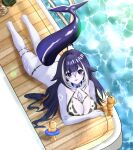  1girl :3 absurdres ahoge animal_ears animal_print bikini black_hair blue_collar breasts cat_ears cetacean_tail cleavage collar cow_print cow_print_bikini fang fins fish_tail furry furry_female heart heart_ahoge highres indie_virtual_youtuber large_breasts long_hair looking_at_viewer lying multicolored_hair on_stomach open_mouth orca_girl print_bikini purple_eyes ryota_ryu shylily shylily_(furry) skin_fang smile solo streaked_hair swimsuit tail thigh_strap very_long_hair virtual_youtuber white_bikini white_streaks 