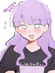  1girl :d black_shirt blunt_bangs blush braid clothes_writing commentary_request fukurou_no_mochi highres love_live! love_live!_superstar!! open_mouth purple_hair shirt side_braids simple_background smile solo sparkle t-shirt translation_request upper_body white_background wien_margarete 