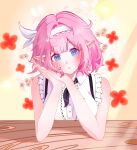  1girl absurdres blue_eyes blush_stickers breasts chinese_commentary commentary_request duan_jiao_du_jiao_jing elf elysia_(golden_courtyard)_(honkai_impact) elysia_(honkai_impact) hairband highres honkai_(series) honkai_impact_3rd large_breasts long_hair long_pointy_ears looking_at_viewer official_alternate_costume pink_hair pointy_ears shirt solo very_long_hair white_hairband white_shirt 