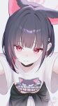  1girl absurdres animal_ears black_choker black_hair blue_archive cat_ears cat_girl chinese_commentary choker colored_inner_animal_ears colored_inner_hair commentary_request earclip extra_ears hair_ornament hairclip halo highres kazusa_(band)_(blue_archive) kazusa_(blue_archive) multicolored_hair nyarnya official_alternate_costume pink_hair pink_halo print_shirt reaching reaching_towards_viewer red_eyes shirt short_hair short_sleeves simple_background solo two-tone_hair upper_body white_shirt 
