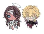  1boy 1girl alien_stage angel angel_and_devil angel_wings bandage_over_one_eye bandaged_head bandages black_shirt black_wings blonde_hair brown_hair brown_pants chibi chibi_only chinese_commentary colored_eyelashes commentary dark-skinned_female dark_skin demon_wings dress grey_eyes hair_between_eyes highres holding holding_tray hyuna_(alien_stage) long_hair luka_(alien_stage) official_alternate_costume pants shirt short_hair tray white_background white_dress white_wings wings yellow_eyes yingjing_da_mao_fu 
