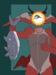 1_eye allycatboom andromorph angel anthro aquatic autopsy_scar bone demon exposed_bone feathers feet fish floating_head genitals gesture hand_gesture happy head_wings holding_object horn hybrid intersex proud_expression red_body red_eyes scar simple_background solo talons thumbs_up toes unusual_wing_placement vulva wings