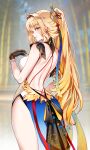  1girl backless_dress backless_outfit black_gloves blonde_hair breasts commentary dress foxyreine from_behind gloves hair_intakes hand_up highres large_breasts long_hair looking_at_viewer looking_back parted_lips ponytail sidelocks solo suisui_(wuthering_waves) white_dress wuthering_waves yellow_eyes 