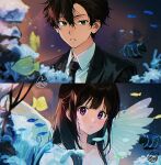  1boy 1girl angel_wings aquarium black_hair black_jacket black_necktie blunt_bangs blush chitanda_eru commentary_request double-parted_bangs fish fish_tank green_eyes hair_between_eyes hair_over_shoulder hyouka jacket long_hair looking_at_another mery_(yangmalgage) necktie oreki_houtarou pov purple_eyes shirt short_hair sidelocks signature suit_jacket white_shirt wings 