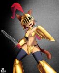 anthro armor bikini bikini_armor black_clothing black_legwear black_nose black_thigh_highs breasts brown_body brown_fur brown_hair chainmail chainmail_bikini clothing domestic_cat felid feline felis female front_view fur gameoverse glitch_productions gold_(metal) gold_armor hair hi_res holding_melee_weapon holding_object holding_shield holding_sword holding_weapon kit_bodega legwear mammal melee_weapon midevil navel open_mouth shield short_hair solo swimwear sword thick_thighs thigh_highs two-piece_swimsuit unconvincing_armor weapon whiskers wide_hips
