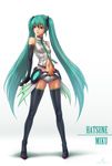  2014 absurdres alternate_costume artist_name boots character_name dated elbow_gloves gloves green_eyes green_hair hatsune_miku hatsune_miku_(append) highres long_hair microphone necktie nicca_(kid_nicca) solo thigh_boots thighhighs twintails very_long_hair vocaloid vocaloid_append white_background 