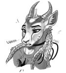 2024 2_horns ambiguous_gender antelope antennae_(anatomy) anthro arthropod artist_name bodily_fluids bovid braided_hair butterfly chest_tuft choker digital_drawing_(artwork) digital_media_(artwork) duo english_text eyebrows eyelashes f-r95 female female_anthro feral fur gazelle greyscale hair head_markings hi_res horn inner_ear_fluff insect jewelry lepidopteran long_hair looking_at_another mammal markings monochrome necklace portrait signature simple_background size_difference snout sweat sweatdrop teeth text tuft white_background