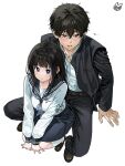  1boy 1girl averting_eyes belt black_belt black_hair black_jacket black_pants black_shoes blue_neckerchief blue_sailor_collar blue_skirt blunt_bangs blush breasts chitanda_eru collarbone collared_shirt commentary_request double-parted_bangs dress_shirt embarrassed full_body green_eyes hair_between_eyes hyouka jacket kamiyama_high_school_uniform_(hyouka) knees knees_up loafers long_hair long_sleeves looking_at_viewer lower_teeth_only medium_breasts mery_(yangmalgage) neckerchief open_clothes open_jacket open_mouth oreki_houtarou pants pleated_skirt purple_eyes sailor_collar school_uniform serafuku shirt shoes short_hair sidelocks signature simple_background sitting skirt smile socks spread_legs sweat teeth white_background white_shirt white_socks 