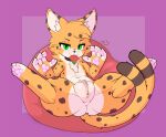 2_tails absurd_res anthro chest_tuft condom condom_in_mouth defunctumbra felid feline female genitals hi_res inviting_to_sex lying mammal mouth_hold multi_tail object_in_mouth on_back pawpads paws pubes sexual_barrier_device solo spread_legs spreading tail tuft vulva