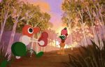  2others big_walk cloud commentary english_commentary flower forest gradient_sky grass highres holding holding_lamp looking_at_another multiple_others nature outdoors pink_flower s_awamori signature sky solid_circle_pupils sun sunset tree walking 
