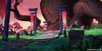  artist_name artist_request cherry_blossoms column falling_petals gem grass highres no_humans pennant petals pillar plant rock scenery stairs sunset tree 