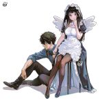  1boy 1girl alternate_costume apron black_bow black_bowtie black_dress black_hair black_pants black_pantyhose black_shoes black_vest blue_shirt blunt_bangs blush bow bowtie chitanda_eru collared_shirt commentary_request detached_collar dress enbutlered enmaided frilled_apron frilled_dress frills from_side full_body green_eyes hair_between_eyes hand_up holding_hands hyouka knee_up long_hair looking_at_viewer maid maid_apron maid_headdress mery_(yangmalgage) on_stool oreki_houtarou pants pantyhose puffy_short_sleeves puffy_sleeves purple_eyes shadow shirt shoes short_hair short_sleeves sidelocks signature simple_background sitting sleeves_rolled_up smile stool turning_head vest white_apron white_background white_bow white_bowtie white_wings wings 