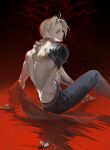  1boy absurdres ahoge ambiguous_red_liquid arm_support artist_name automail belt black_pants blonde_hair braid braided_ponytail brown_belt coat commentary_request curtained_hair edward_elric feet_out_of_frame from_side full_body fullmetal_alchemist highres kamui_(kurohshiro1) looking_at_viewer male_focus mechanical_legs pants prosthetic_arm_removed red_coat single_mechanical_leg sitting solo topless_male 