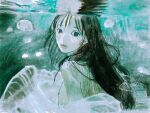  1girl aqua_eyes black_hair byakugun floating_hair from_behind highres jellyfish limited_palette lips looking_at_viewer looking_back original reflection reflective_liquid sketch solo underwater upper_body wispy_bangs 