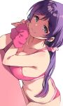  1girl arm_warmers ass blush breasts cleavage collarbone contrast_trim_panties cowboy_shot duke_(inu_daimyou) green_eyes highres large_breasts leaning_on_wall long_hair looking_at_viewer love_live! love_live!_school_idol_project navel panties pink_arm_warmers pink_panties pink_sports_bra purple_hair simple_background solo sports_bra tojo_nozomi twintails underwear white_background 