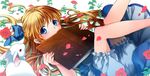  bad_id bad_pixiv_id blonde_hair blue_eyes blush book bunny covered_mouth flower legs long_hair lying on_back open_book original petals rose solo ycco_(estrella) 