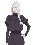  1girl absurdres black_dress braid braided_bangs braided_ponytail commentary_request dress hair_over_face hair_over_one_eye highres jujutsu_kaisen long_hair looking_at_viewer mei_mei_(jujutsu_kaisen) one_eye_covered show_(show_painting) simple_background solo tight_clothes tight_dress turtleneck turtleneck_dress white_background white_hair 
