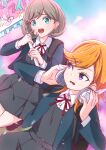  2girls ajapar blue_eyes blue_jacket bob_cut chasing collared_shirt commentary_request dress flipped_hair frills grey_dress grey_hair headphones highres holding holding_headphones holding_sign jacket long_hair long_sleeves looking_at_another love_live! love_live!_superstar!! multiple_girls neck_ribbon open_clothes open_jacket open_mouth orange_hair outdoors peanut_mouth pinafore_dress placard pleated_dress purple_eyes raised_inner_eyebrows red_ribbon ribbon school_uniform shibuya_kanon shirt short_dress short_hair sign sleeveless sleeveless_dress tang_keke teeth upper_teeth_only white_shirt winter_uniform yuigaoka_school_uniform 