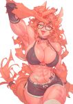  1girl abs animal_ears bikini black-framed_eyewear black_bikini black_shorts buffpup_(vtuber) claws commentary dolphin_shorts english_commentary female_pubic_hair glasses green_eyes highres looking_at_viewer loser_gesture navel open_clothes orange_hair pubic_hair rebigaki shirt shorts simple_background smile solo standing swimsuit tail teeth tongue tongue_out upper_teeth_only vchiban virtual_youtuber white_shirt wolf_ears wolf_girl wolf_tail 