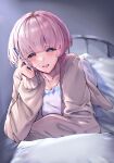  1girl absurdres arimura_mao aw_gozaru bed_sheet blush breasts cardigan cellphone cleavage collarbone commentary dress english_commentary gakuen_idolmaster highres holding holding_phone idolmaster indoors long_sleeves lying on_bed on_stomach phone pillow pink_hair purple_eyes smartphone smile solo talking_on_phone white_cardigan white_dress 
