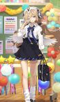  1girl angel_wings bag black_skirt blonde_hair bow bowtie breasts collared_shirt commentary_request fate/grand_order fate_(series) feathered_wings game_asset headphones jeanne_d'arc_(fate) kneehighs konoe_ototsugu long_hair long_sleeves looking_at_viewer loose_socks low_twintails metatron_jeanne_(academy_outfit)_(fate) metatron_jeanne_(fate) official_art one_eye_closed open_mouth partial_commentary school_bag shirt skirt small_breasts socks solo thighs third-party_source twintails white_shirt white_socks wings yellow_eyes 