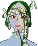  1girl bob_cut byakugun earrings expressionless flower green_hair highres jewelry lily_of_the_valley lips original parted_lips portrait red_eyes short_hair sketch solo white_flower 