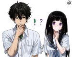  !? 1boy 1girl black_hair blue_neckerchief blue_sailor_collar blunt_bangs breast_pocket breasts chitanda_eru collared_shirt commentary_request double-parted_bangs dress_shirt frown green_eyes hair_between_eyes hyouka kamiyama_high_school_uniform_(hyouka) long_hair long_sidelocks looking_at_another medium_breasts mery_(yangmalgage) neckerchief oreki_houtarou parted_lips pocket purple_eyes sailor_collar sailor_shirt school_uniform shirt short_hair short_sleeves sidelocks signature simple_background upper_body white_background white_shirt 