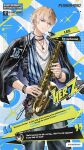  blonde_hair blue_eyes bracelet chain chain_necklace commentary denim english_commentary highres holding holding_instrument holding_saxophone instrument jacket jacket_on_shoulders jeans jewelry lee_(pgr) light_smile looking_at_viewer necklace official_art pants punishing:_gray_raven saxophone speech_bubble 