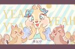  >_< 1girl 2boys acorn alternate_costume animal_nose blue_background blue_bow blue_shawl blush body_fur bow brown_fur buck_teeth chibi chibi_inset chip_(disney) chipmunk_boy chipmunk_ears chipmunk_girl chipmunk_tail clarice_(disney) closed_eyes closed_mouth commentary_request dale_(disney) ear_bow english_text eyelashes fake_screenshot furry furry_female furry_male getsuyoubi_no_yuuutsu_(honeyworks) green_eyes hagoromo hands_up happy highres honeyworks letterboxed looking_at_viewer meme_(penpengusa_no_meme) mixed-language_text multicolored_eyes multiple_boys open_mouth outline shawl smile solo_focus striped_background striped_bow subtitled teeth text_background translation_request two-tone_fur white_outline yellow_eyes yellow_fur 