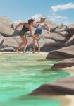  2boys battle_tendency belt black_tank_top blonde_hair blue_shorts brown_hair caesar_anthonio_zeppeli catneylang closed_eyes cloud commentary fake_head_wings green_shorts headband highres jojo_no_kimyou_na_bouken joseph_joestar joseph_joestar_(young) male_focus multiple_boys open_mouth rock shorts sky smile splashing standing striped_clothes striped_shorts tank_top water wet white_tank_top 