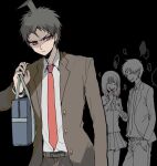  1girl 2boys ahoge bag black_background blank_speech_bubble brown_coat chara_rira closed_mouth coat collared_shirt commentary_request danganronpa_(series) danganronpa_2:_goodbye_despair frown hinata_hajime kamukura_izuru laughing long_sleeves male_focus multiple_boys pleated_skirt ringed_eyes school_uniform shirt short_hair skirt speech_bubble spoilers upper_body white_shirt 