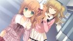  2girls black_bow black_bowtie bow bowtie brown_hair cardigan closed_eyes collarbone double_bowtie dutch_angle fur-trimmed_sweater fur_trim game_asset ginjou_haruko green_eyes grey_bow grey_bowtie grin hair_ornament hand_up ichimaru_kyuu long_hair long_sleeves looking_to_the_side medium_hair multiple_girls nishimata_aoi non-web_source official_art one_side_up pink_sweater plaid_bow plaid_bowtie plaid_clothes pleated_skirt purple_bow purple_cardigan purple_skirt running sailor_collar school_uniform self-datamine skirt smile sweater tsuki_ni_yorisou_otome_no_sahou_2 two_side_up wavy_hair white_sailor_collar white_skirt 