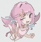  1girl :d ;d bell birthday choker commentary_request doki_doki_literature_club fang hair_intakes hair_ornament hairclip looking_at_viewer natsuki_(doki_doki_literature_club) neck_bell nekotarou_(nekotaro_woohoo) one_eye_closed pink_choker pink_hair pink_shirt red_eyes shirt signature skin_fang smile solo twintails v 