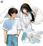  1boy 1girl alternate_costume angel black_hair blue_pants blush breasts chitanda_eru choker cleavage collarbone commentary_request cowboy_shot denim double-parted_bangs dress floating full_body green_eyes hair_between_eyes hand_in_pocket hyouka jeans long_hair long_sidelocks looking_at_another mery_(yangmalgage) oreki_houtarou pants parted_lips purple_eyes shirt short_sleeves sidelocks signature simple_background sitting smile standing t-shirt very_long_hair watch white_background white_choker white_dress white_shirt wristwatch 