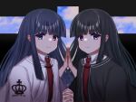  2girls black_background black_capelet black_hair blue_eyes blunt_bangs blunt_ends blurry blurry_background capelet closed_mouth collared_shirt colored_eyelashes commentary_request company_connection crossover depth_of_field dual_persona hands_up highres holding_hands interlocked_fingers long_hair looking_at_viewer mahigu_re multiple_girls necktie red_necktie school_uniform shirt sidelocks simple_background smile straight_hair subarashiki_hibi takashima_zakuro tsui_no_sora tsui_no_sora_(remake) upper_body white_capelet white_shirt 