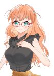  1girl absurdres alternate_hair_length_(longer) alternate_hairstyle black_shirt breasts closed_mouth commentary_request corocoro567 frilled_shirt frills glasses hair_ornament highres hinoshita_kaho hinoshita_kaho_(ishikawa_prefectural_library) long_hair looking_at_viewer love_live! love_live!_hasu_no_sora_jogakuin_school_idol_club medium_breasts orange_hair rabbit_hair_ornament red-framed_eyewear shirt simple_background skirt sleeveless sleeveless_shirt smile solo two_side_up upper_body virtual_youtuber white_background yellow_skirt 