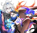  1girl black_jacket black_shorts blue_bra blue_hands bra breasts chinese_commentary commentary_request criss-cross_straps cropped_jacket fingernails galbrena_(wuthering_waves) gold_choker gun hair_between_eyes highres holding holding_gun holding_weapon jacket leile_jiu_zaodian_shui long_fingernails mole mole_on_neck shorts single_leg_pantyhose single_wing solo underwear very_long_fingernails weapon wings wuthering_waves 