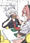 2girls absurdres ahoge big_mac black_shirt blue_archive blush bracelet burger chair closed_eyes eating erika_(blue_archive) fang food french_fries halo haruyuki_(gffewuoutgblubh) highres holding holding_food horns jewelry kirara_(blue_archive) mcdonald's multiple_girls necktie odaibako open_mouth pink_hair red_necktie request_inset shirt short_hair short_sleeves sitting smile table tray white_hair white_shirt 