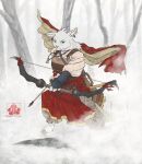2019 abarewanko absurd_res anthro armor arrow_(weapon) asian_clothing beads biped blurred_background bow_(weapon) bracers cape clothed clothed_anthro clothing cloven_hooves deer detailed_background dewclaw_hooves digital_media_(artwork) dress ear_piercing ear_ring east_asian_clothing female fog forest frown fur green_eyes hi_res holding_arrow holding_bow_(weapon) holding_object holding_ranged_weapon holding_weapon hooves japanese_clothing japanese_description jewelry magatama mammal necklace outside piercing plant ranged_weapon ring_piercing solo standing three-quarter_view tree unguligrade weapon white_body white_fur