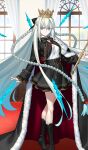  1girl black_bow black_cloak black_jacket black_skirt blue_eyes bow braid breasts cloak collared_shirt commentary_request cropped_jacket crown fate/grand_order fate_(series) fur-trimmed_cloak fur_trim game_asset grey_hair hair_bow jacket large_breasts long_hair long_sleeves looking_at_viewer morgan_le_fay_(academy_outfit)_(fate) morgan_le_fay_(fate) neck_ribbon official_art partial_commentary ribbon shirt sidelocks skirt solo takeuchi_takashi thighs third-party_source very_long_hair white_shirt 