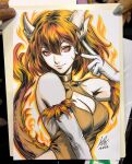  1girl breasts character_request cleavage cleavage_cutout closed_mouth clothing_cutout commentary copyright_request elbow_gloves english_commentary gloves highres horns leotard looking_at_viewer marker_(medium) orange_eyes orange_hair photo_(medium) signature sleeveless smile solo stanley_lau tail traditional_media turning_head white_gloves 