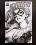  1girl black_cat_(marvel) black_gloves blue_eyes breasts cleavage collarbone commentary cover_sketch earrings english_commentary felicia_hardy fur_trim gloves highres jewelry long_hair marker_(medium) marvel parted_lips photo_(medium) signature solo spider-man_(series) stanley_lau traditional_media upper_body white_hair 