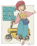  1girl =_= absurdres badge bag belt blue_bag blue_pants border brown_hair button_badge clothes_writing collared_shirt commentary hair_ornament hat highres honda honda_motocompo momose_riko motor_vehicle motorcycle newsboy_cap open_mouth outside_border panda_hair_ornament pants pink_shirt pink_shoes puffy_pants red_belt red_hat sekihan shirt shirt_tucked_in shoes short_hair shoulder_bag sideways_hat signature smile solo standing standing_on_one_leg teeth upper_teeth_only vehicle_name white_border zesshaka!_shiritsu_yotsuwa_joshi_gakuin_zetsumetsu_kigu-sha_gakka 