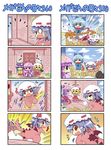  4koma 5girls alternate_costume anger_vein bat_wings blonde_hair blue_eyes blue_hair bow camera chibi cirno closed_eyes coat colonel_aki comic cosplay crowd dress falling film_set filming flandre_scarlet flower flying_sweatdrops gate godzilla godzilla_(cosplay) godzilla_(series) hair_bow hair_flower hair_ornament hat hat_bow hat_ribbon head_bump hieda_no_akyuu mob_cap multiple_4koma multiple_girls o_o open_clothes open_coat open_mouth patchouli_knowledge purple_dress purple_eyes purple_hair red_eyes red_flower red_rose remilia_scarlet ribbon rose ruins scarf shirt skirt skirt_set surprised touhou translated vase wings younger zipper 