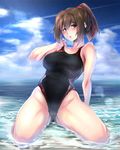  beach blush breasts brown_eyes brown_hair competition_swimsuit covered_nipples day hair_ribbon highleg highleg_swimsuit ise_(kantai_collection) kantai_collection kneeling large_breasts one-piece_swimsuit open_mouth outdoors partially_submerged ponytail ribbon short_hair simple_background solo swimsuit ulrich_(tagaragakuin) water 