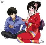  1boy 1girl black_hair black_pants blue_jacket blush bowl breasts chitanda_eru commentary_request double-parted_bangs flower frown full_body green_eyes hair_bun hair_flower hair_ornament holding holding_bowl hyouka indian_style jacket japanese_clothes kimono long_sleeves looking_at_another looking_down medium_breasts mery_(yangmalgage) obi open_mouth oreki_houtarou pants purple_eyes red_flower red_kimono sash seiza short_hair sidelocks signature simple_background sitting socks sweat white_background white_socks wide_sleeves 